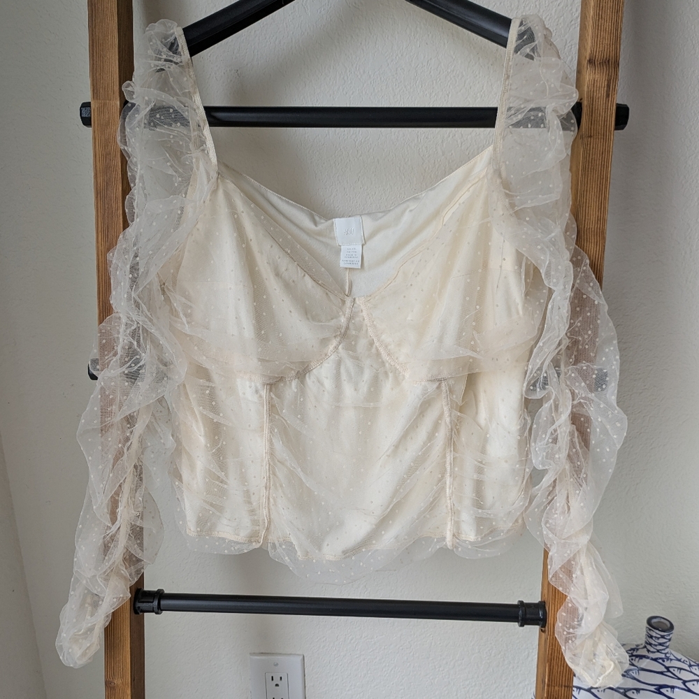 H&M Women's Cream Sheer Top With Ruffled And Puffed Sleeves - Size XXL
